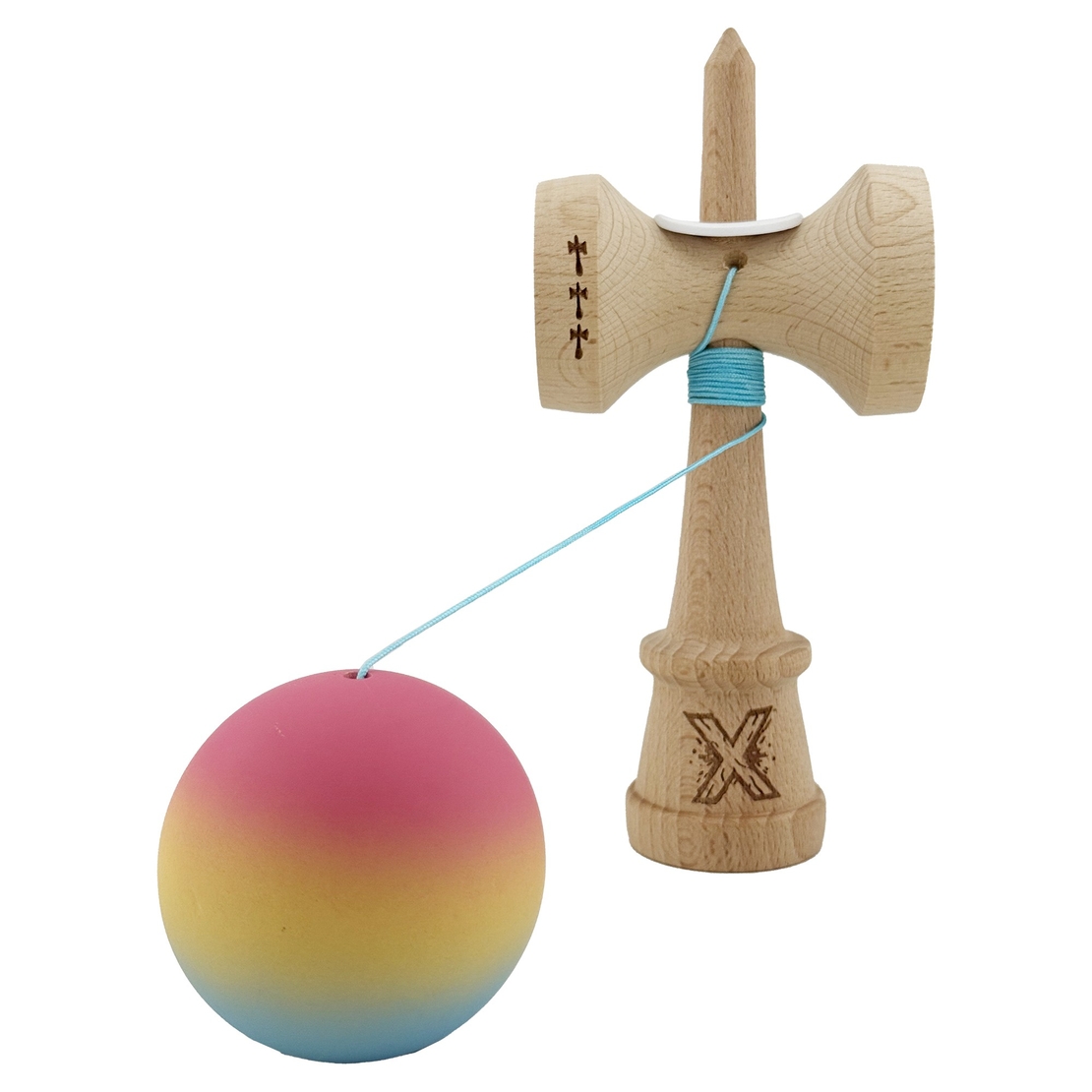 Kendama X Originala, Profesionala, Flippy, Cupe Mari KING SIZE V3, Rubber Grip, Gaura in Baza, Rulment Metalic, din lemn 18 cm, Ata 62/65 cm, Gradient Roz/Galben/Albastru deschis