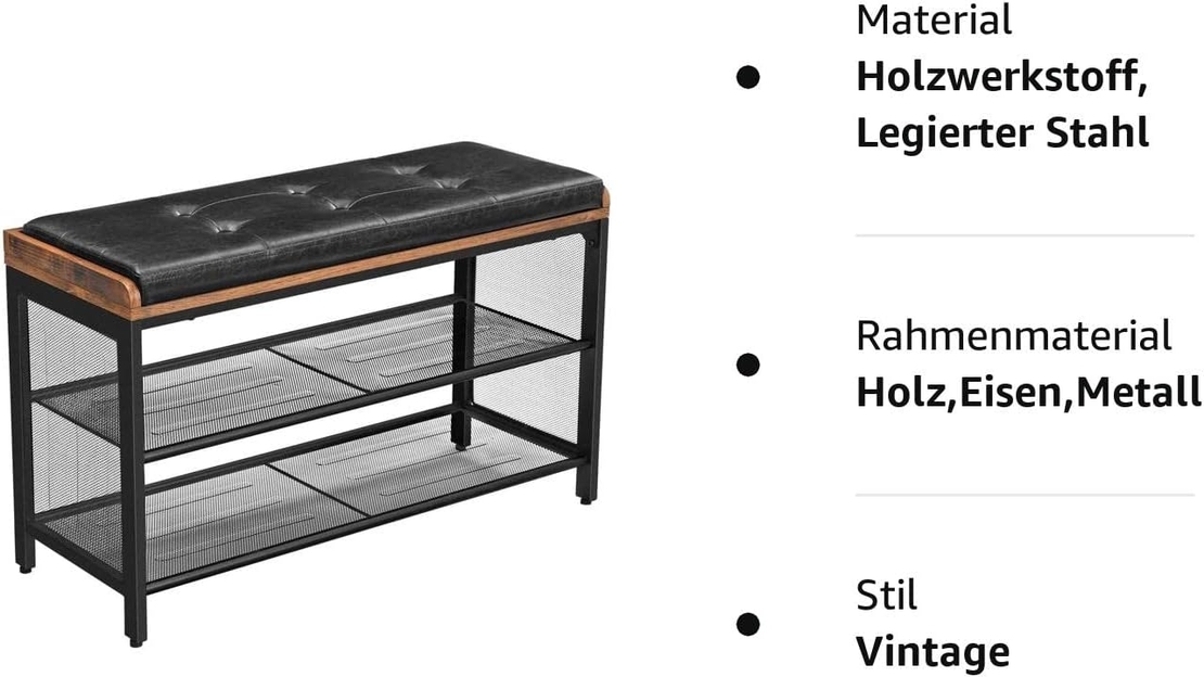 VASAGLE Banca pentru hol, cu raft suport de pantofi, sezut captusit imitatie piele, design industrial, 30x80x48cm, negru cu maro