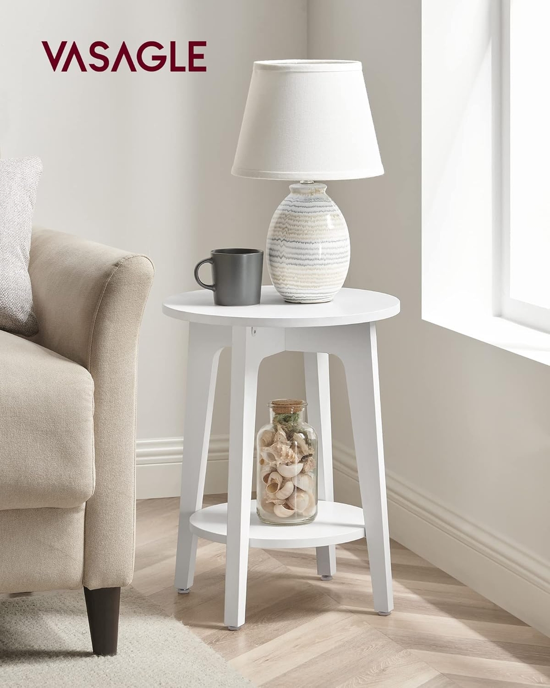 VASAGLE Masuta laterala rotunda cu raft inferior, pentru living sau dormitor, stil modern, 40x40x50 cm, alb