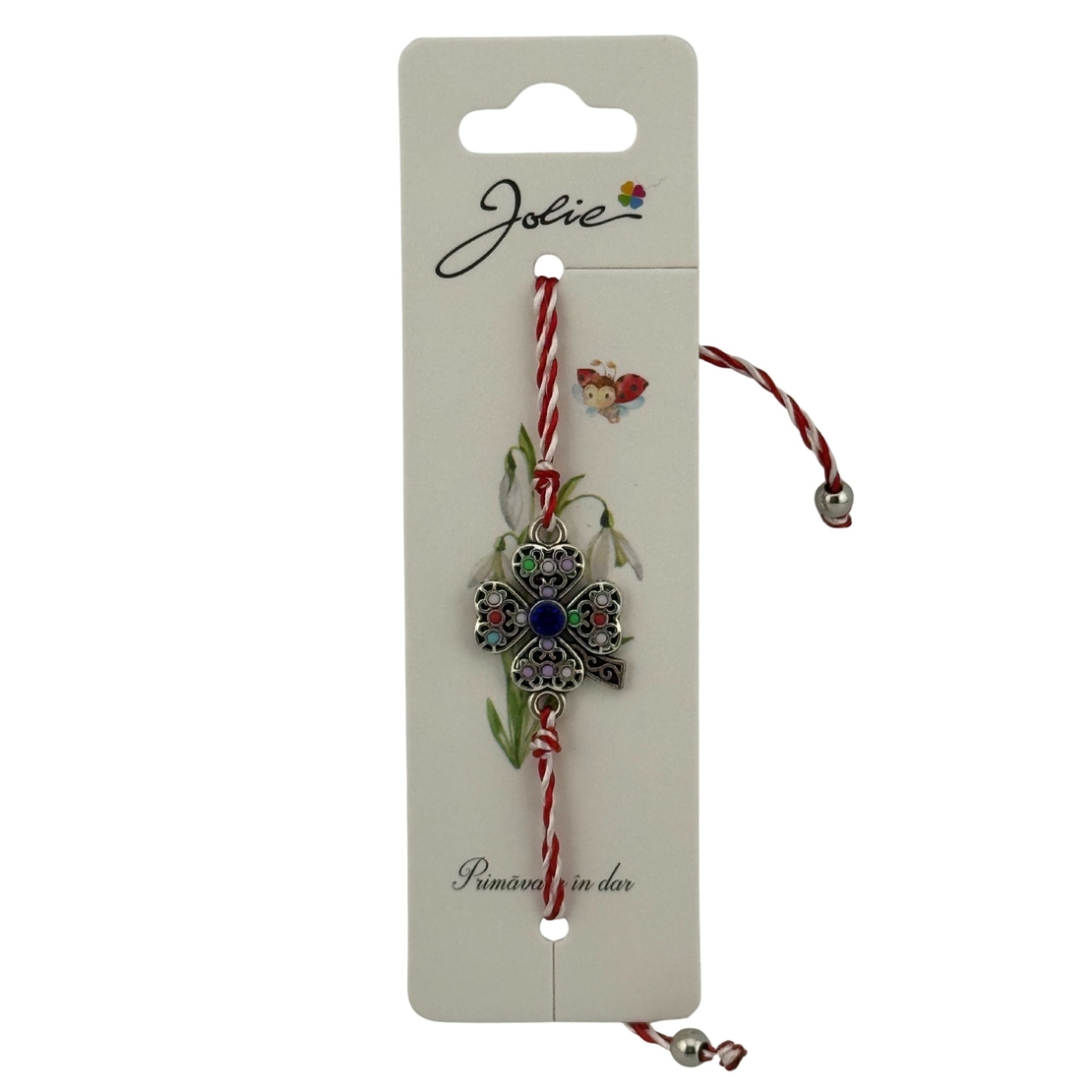 Martisor Bratara cu Snur Alb Rosu Reglabil, Jolie, Model Trifoi cu Patru Foi Multicolor, Jolie
