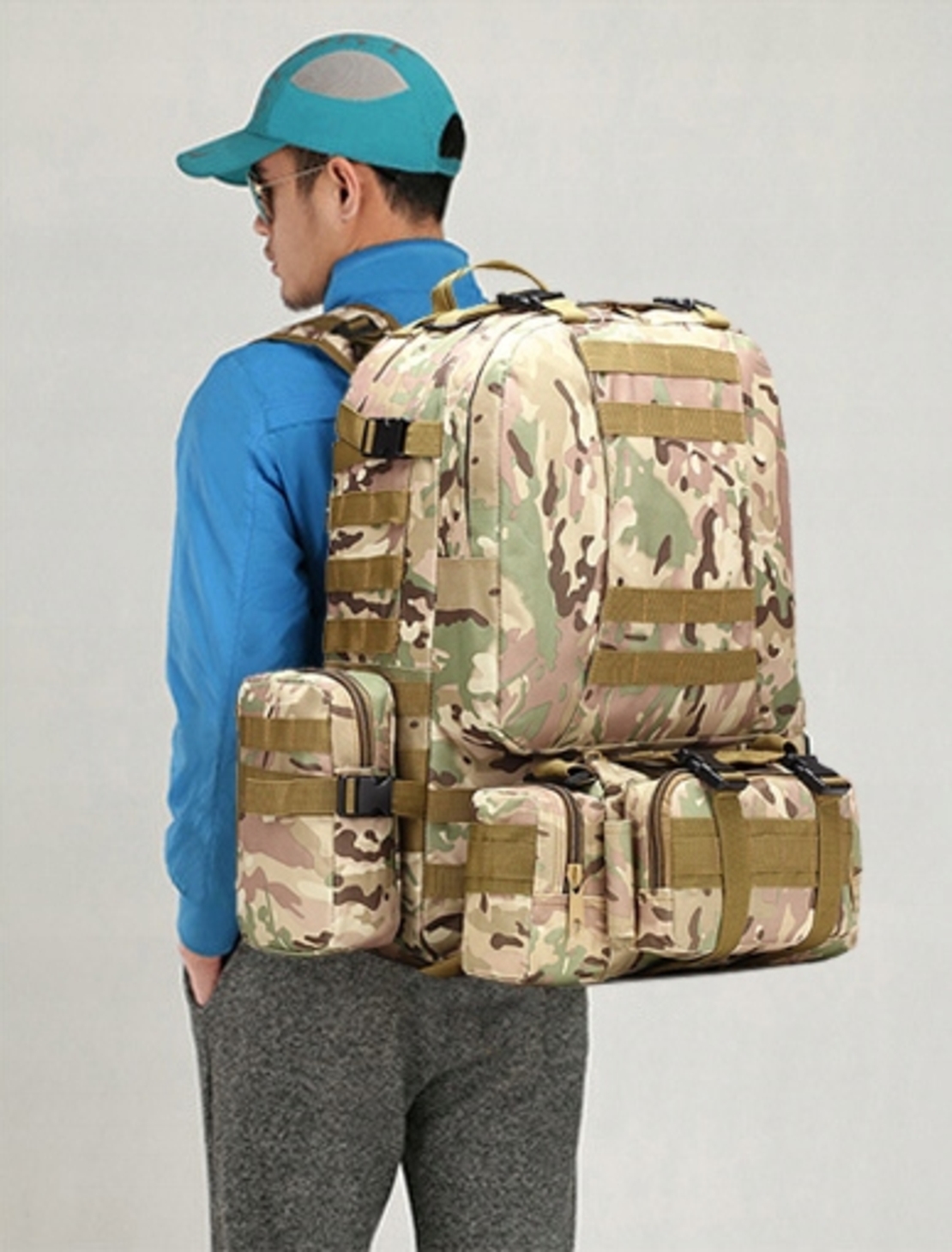 Rucsac militar pentru drumetie, impermeabil, ultra usor, 4 in 1, 50litri, culoare combat camuflaj