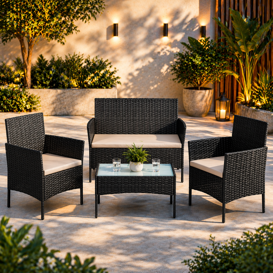 SONGMICS Set mobilier gradina 4 locuri, canapea, 2 scaune si masa cu sticla, ratan PE, negru