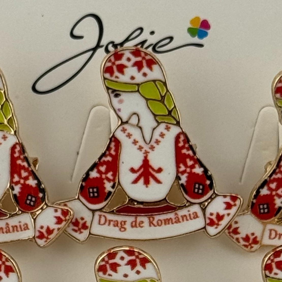 Set 12 Brose Martisor Primavara, Jolie, Model Fata, Mesaj Drag de Romania, Multicolor