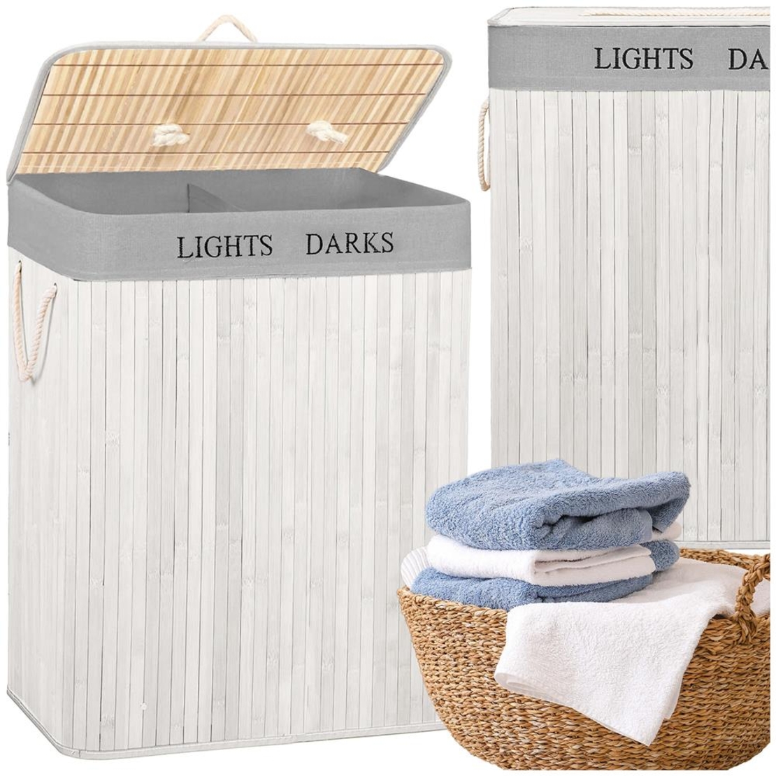 Cos pentru rufe din bambus, pliabil, cu 2 compartimente, volum 105 L, 63x52x33 cm, alb si gri