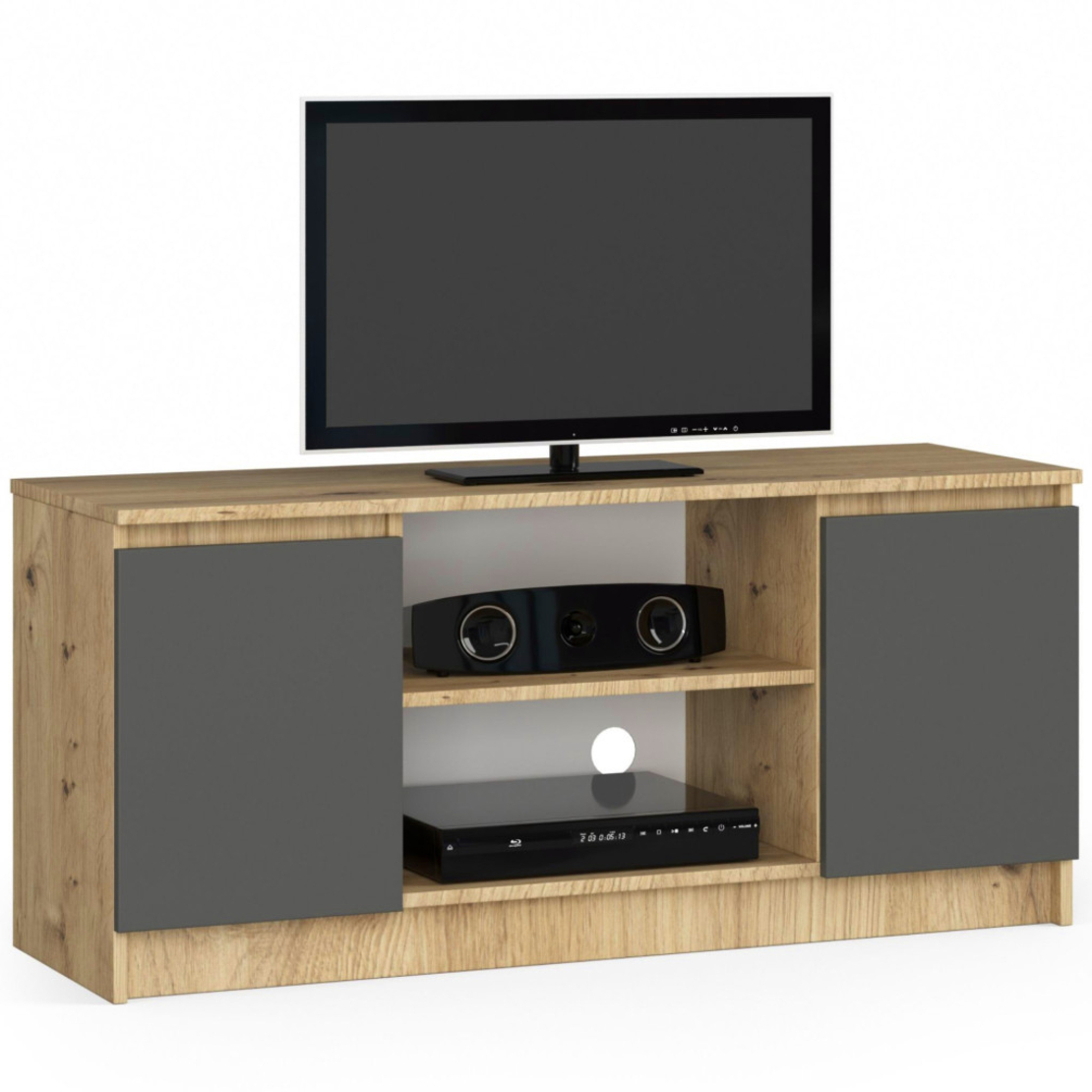 Comoda TV cu 2 usi si o polita, PAL laminat 16 mm, 120x40x55 cm, stejar artisan si gri