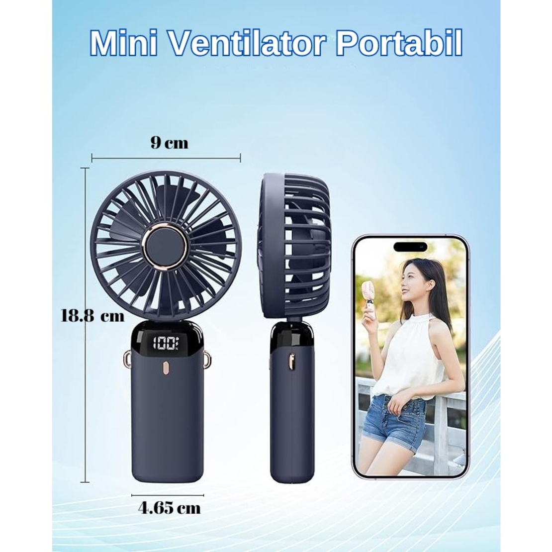 Ventilator Ultra Portabil cu Aromaterapie, Vafy, 3 in 1, de Mana, de Birou, de Gat, 5 Trepte de Viteza, Incarcare USB, Autonomie 12h, Pliabil, cu Ecran LCD, Albastru