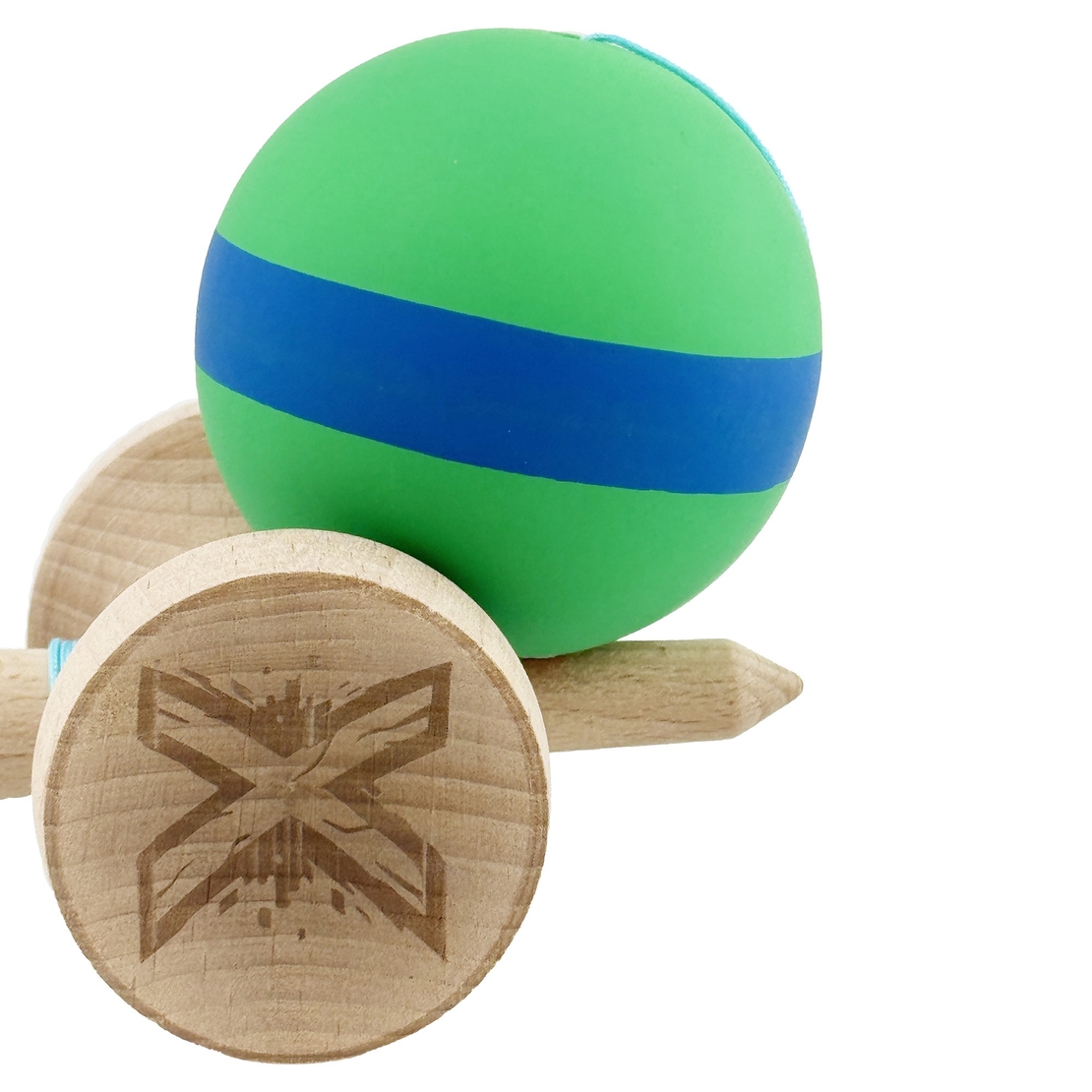 Kendama X Originala, Profesionala, Flippy, Cupe Mari KING SIZE V3, Rubber Grip, Gaura in Baza, Rulment Metalic, din lemn 18 cm, Ata 62/65 cm, M Verde/Albastru/Verde