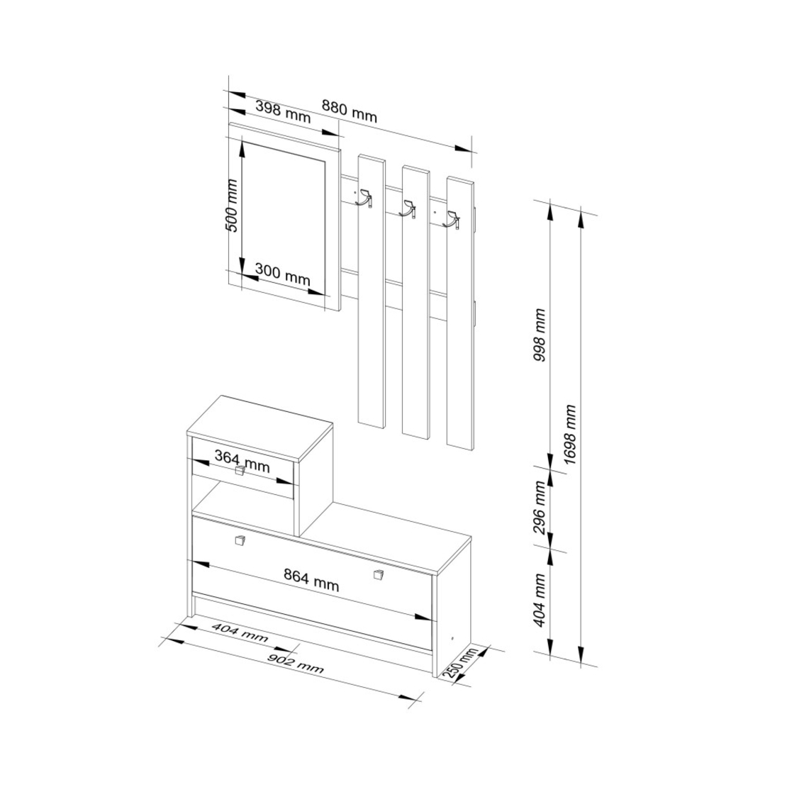 Set mobilier hol cu pantofar, oglinda, sertar si cuier metalic, PAL laminat, 90x25x170 cm, maro