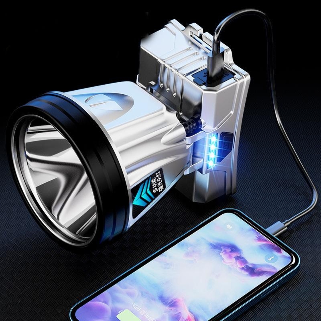 Lanterna Power Bank LED, Vafy, cu Suport pentru Cap, Incarcare USB, Raza 100-200m, 5W, 3 Trepte de Lumina, Afisaj Baterie, Argintiu