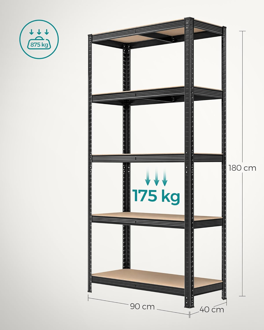 SONGMICS Set 2 rafturi metalice cu 5 niveluri reglabile, din otel si MDF, 90x40x180 cm, sarcina 875 kg, negru