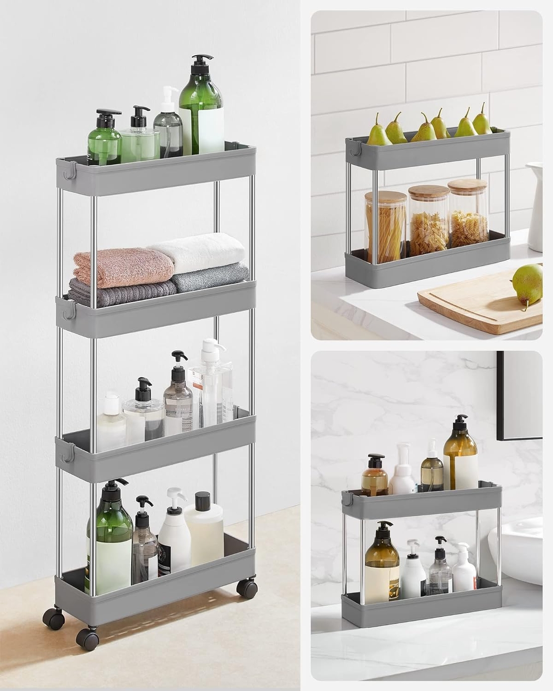 SONGMICS Carucior de depozitare pe roti, pentru bucatarie sau baie, din plastic, cu 4 nivele, 40x13x88cm, gri
