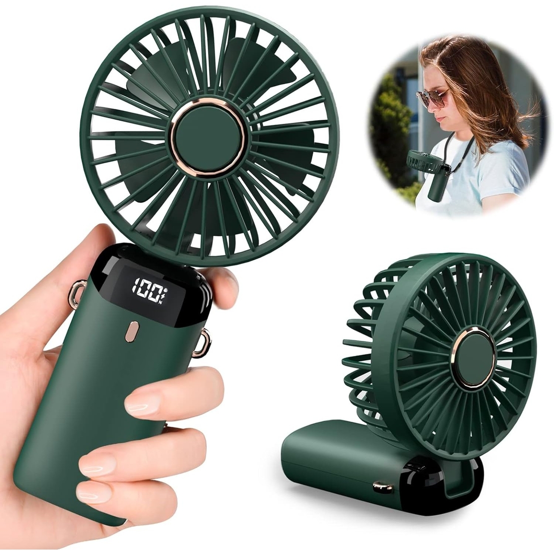 Ventilator Ultra Portabil cu Aromaterapie, Vafy, 3 in 1, de Mana, de Birou, de Gat, 5 Trepte de Viteza, Incarcare USB, Autonomie 12h, Pliabil, cu Ecran LCD, Verde