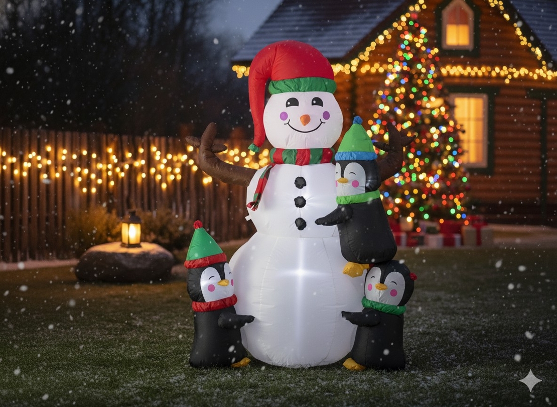 Om de zapada gonflabil de exterior, cu pinguini si iluminare LED, 190 cm, compresor integrat, alb