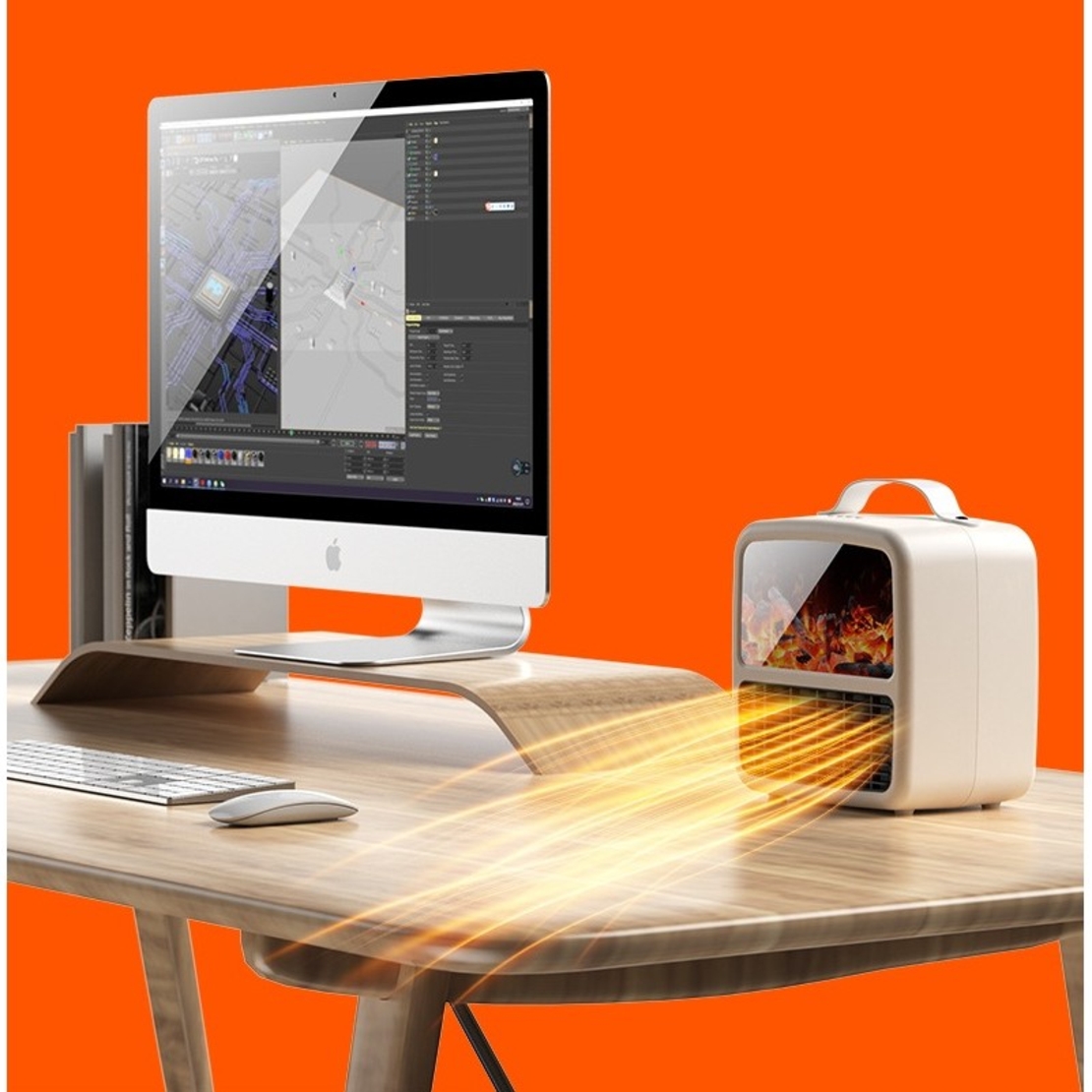 Mini Aeroterma Portabila, Vafy, Display LCD, Flacara Tip Semineu, 1500W, 2 Trepte, Oprire Automata, 22 x 22 x 15 cm, Alb