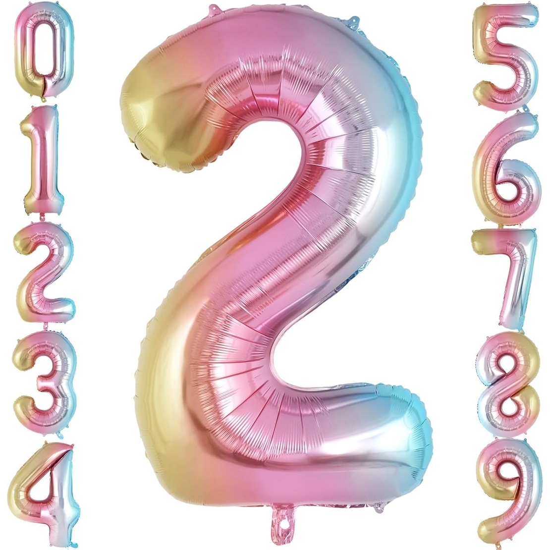 Balon din Folie Metalizata Flippy, Figurina Cifra Gradient, Tema Aniversare 40 cm, Ambalaj Individual, Pai inclus, Umflare cu Aer sau Heliu, Multicolor, Cifra 2