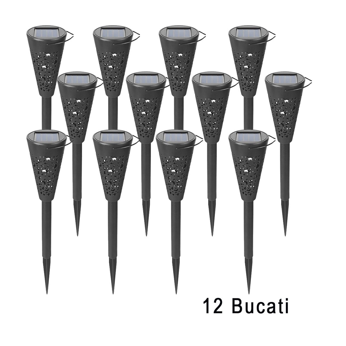 Set 12 Lampi Solare Led pentru Gradina, Flippy, Tip Torta, 36 x 6.8 cm, Buton On-Off, Lumina Alb Rece, Negru