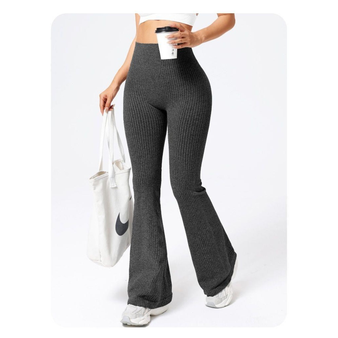 Pantaloni Sport de Dama, Flippy, pentru Yoga, Talie Inalta, Evazati, Tricotati, Negru, Marime XL