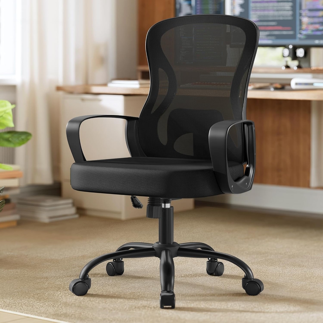 SONGMICS Scaun de birou ergonomic, spatar mesh cu suport lombar, reglabil pe inaltime, baza metalica, 60x60x106 cm, negru