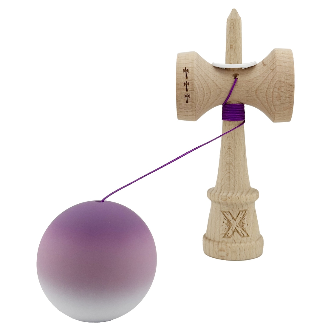 Kendama X Originala, Profesionala, Flippy, Cupe Mari KING SIZE V3, Rubber Grip, Gaura in Baza, Rulment Metalic, din lemn 18 cm, Ata 62/65 cm, Gradient Mov/Alb