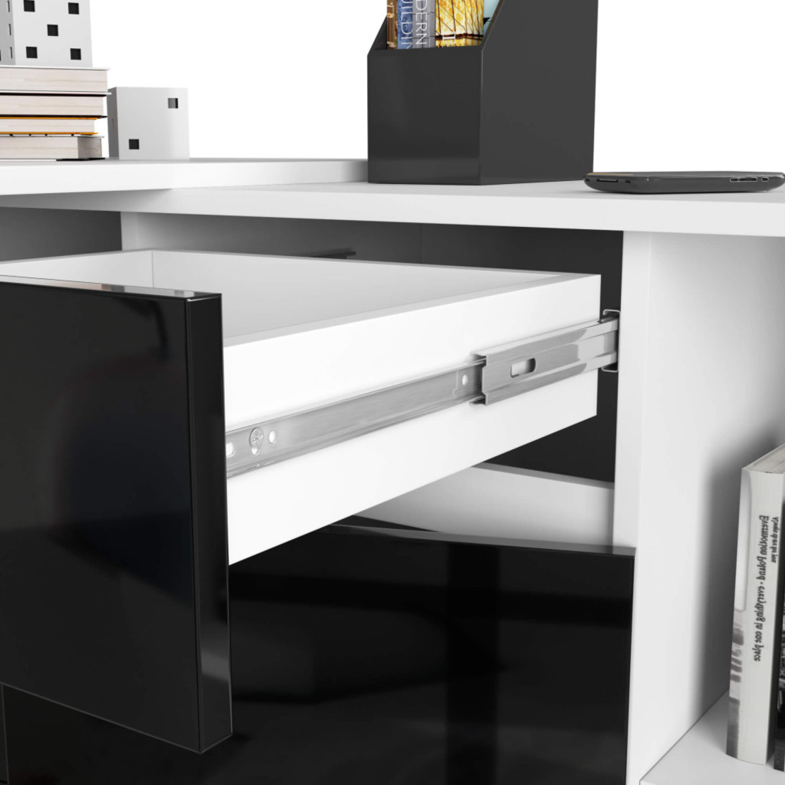 Birou de colt cu sertar, usa si 6 rafturi, fronturi MDF lucios, 120x126x79 cm, alb si negru lucios