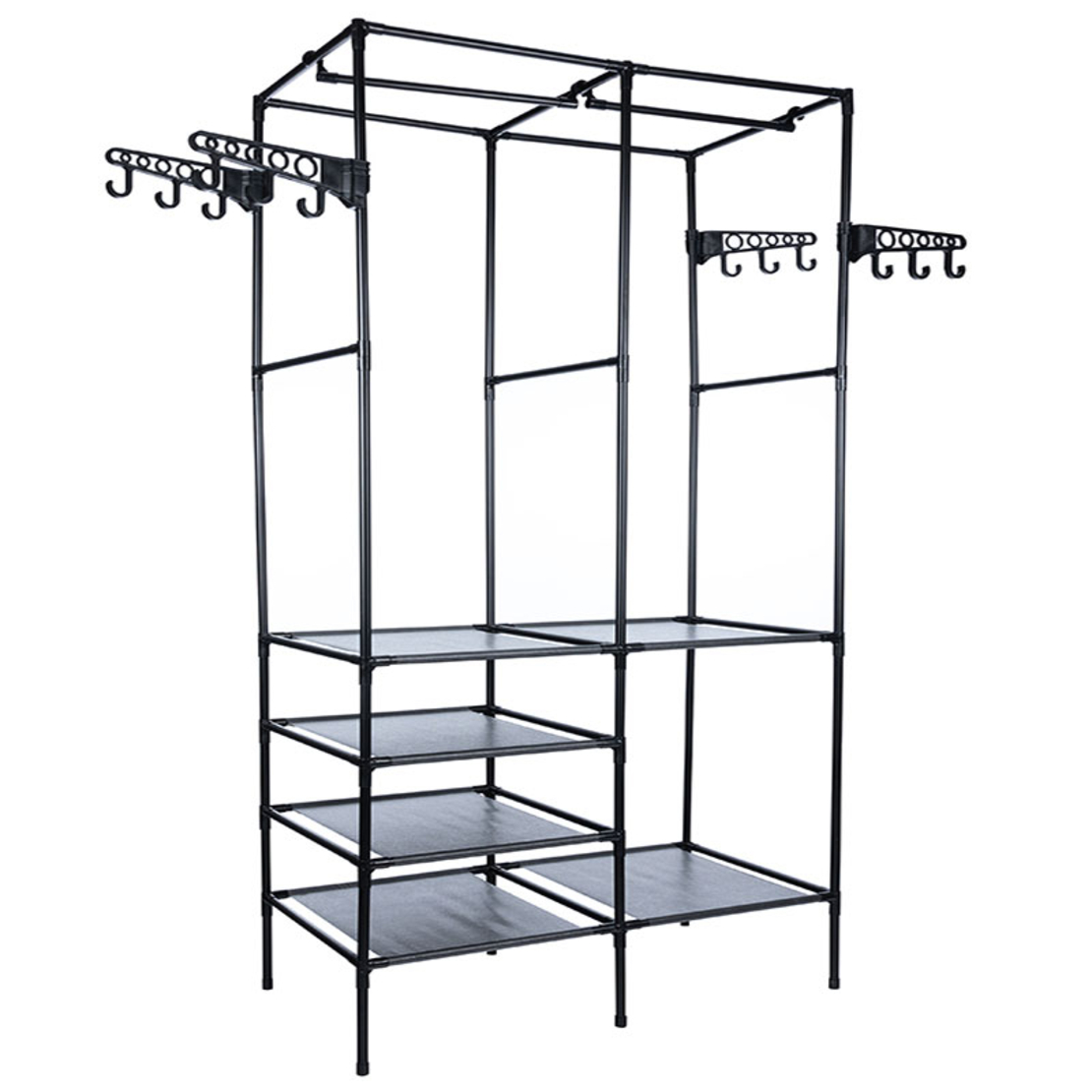 Stand de haine cu polite si tije pentru agatarea umeraselor, 85x44x174cm, negru
