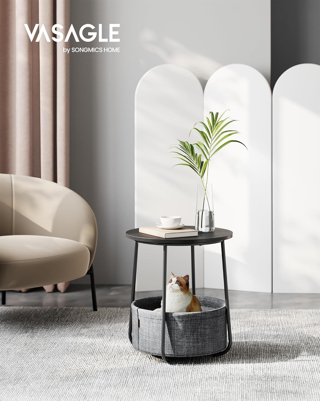 VASAGLE Masuta de cafea rotunda cu cos de stofa, stil modern, 45x50cm, negru-gri