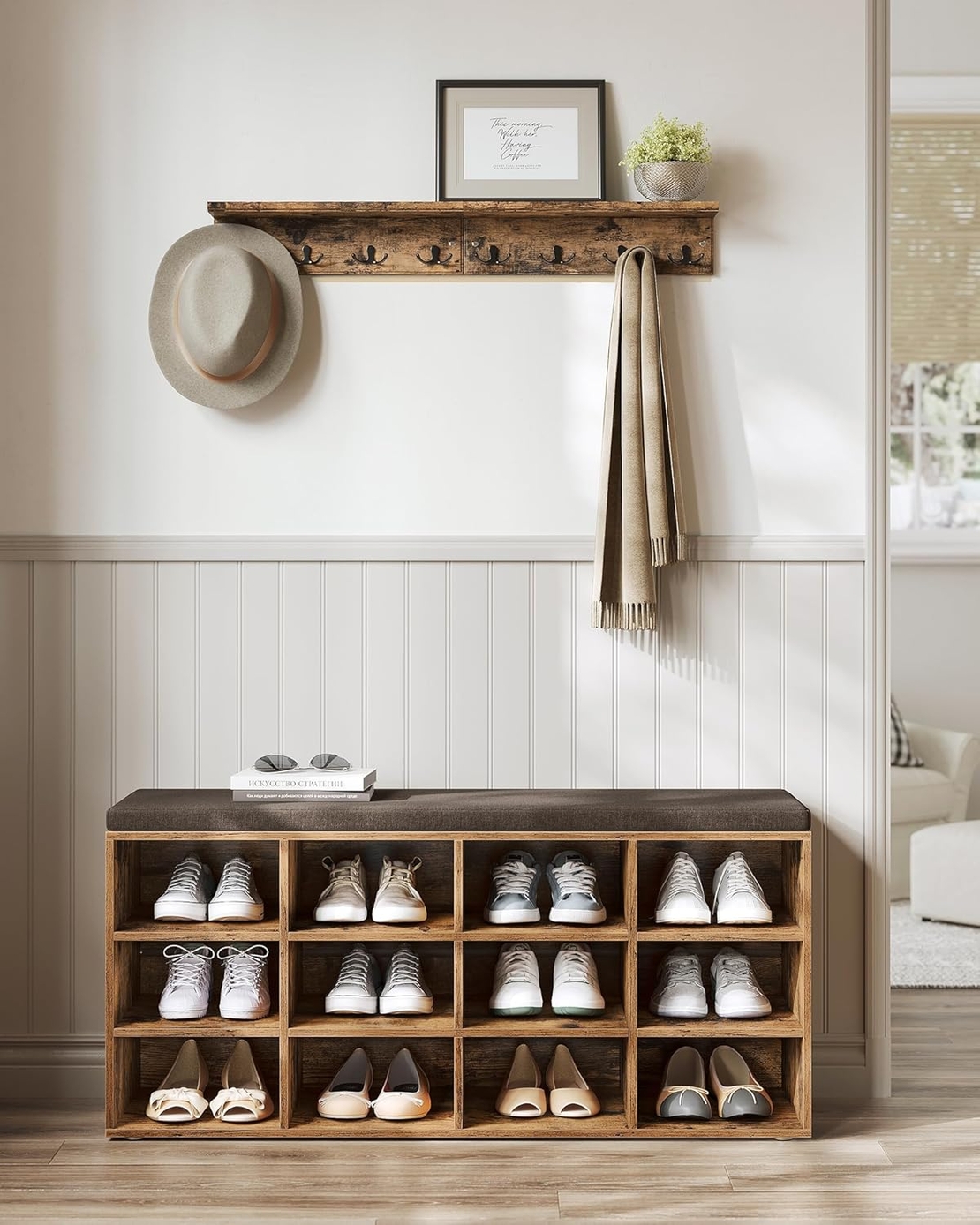 VASAGLE Pantofar cu banca cu 12 compartimente si perna, sarcina 136 kg, 104x30x48 cm, maro rustic