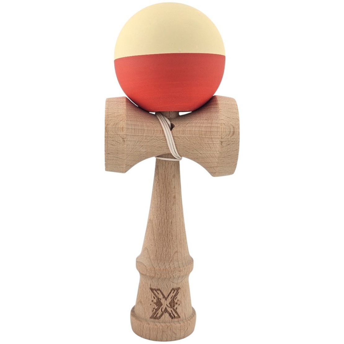 Kendama X Originala, Profesionala, Flippy, Rubber Grip, din Lemn, 18 cm, Galben deschis/Rosu