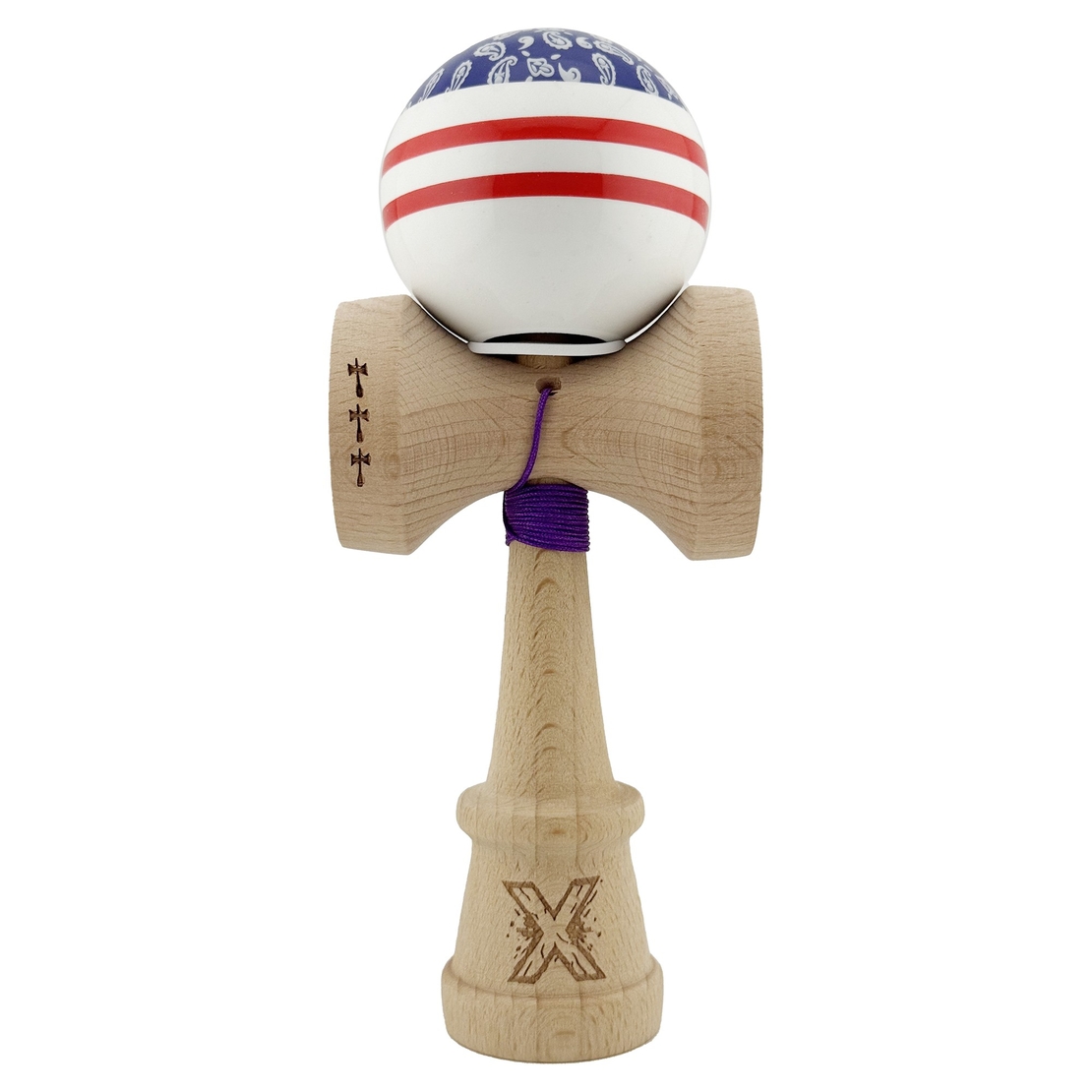 Kendama X Originala CHICANOS, Profesionala, Flippy, Cupe Mari KING SIZE V3, Super Sticky, Gaura in Baza, Rulment Metalic, din lemn 18 cm, Ata 62/65 cm, Mov/Alb