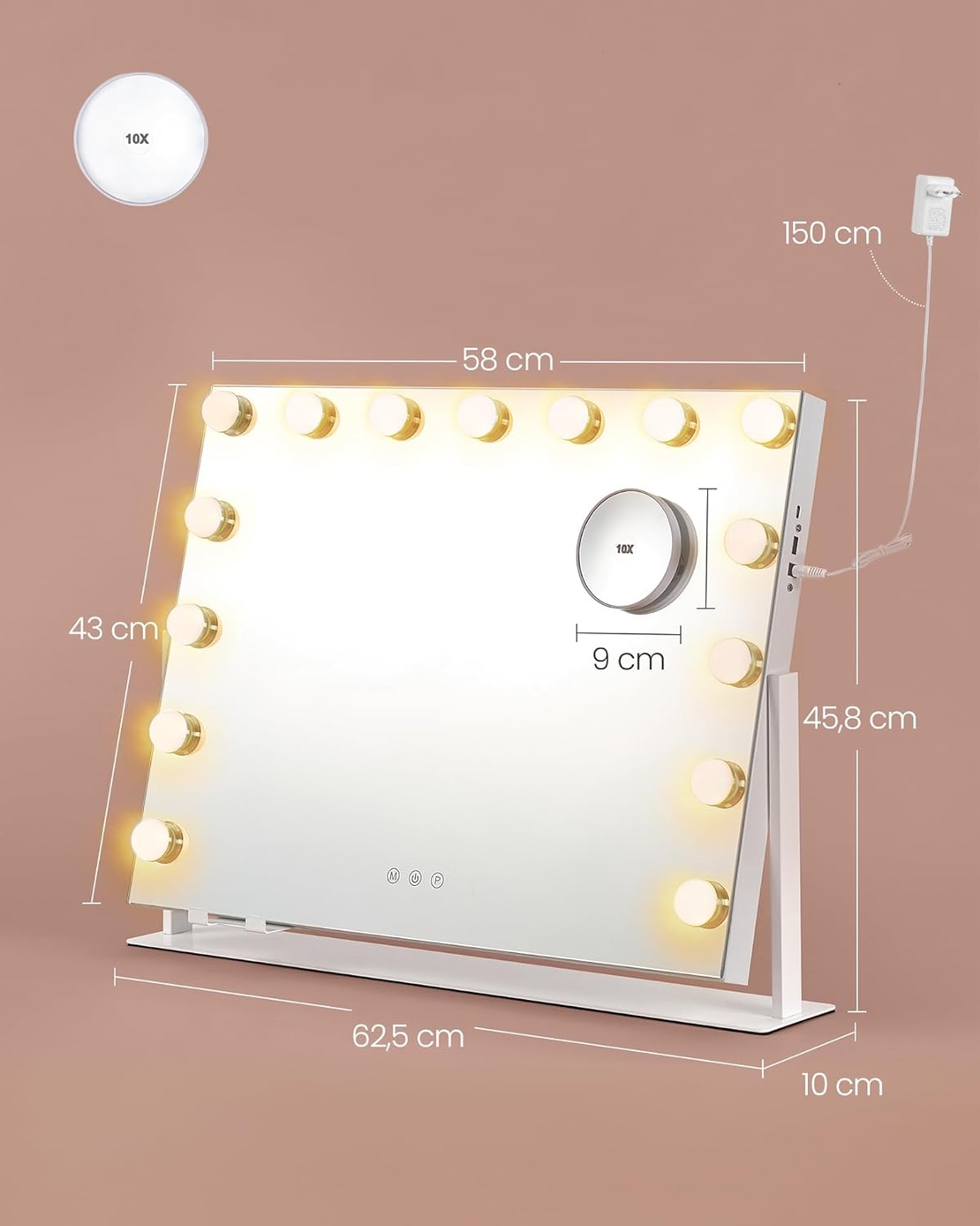 SONGMICS Oglinda machiaj cu iluminare LED, 3 culori lumina, suport telefon, porturi USB, zoom 10x, 58x43 cm, alb
