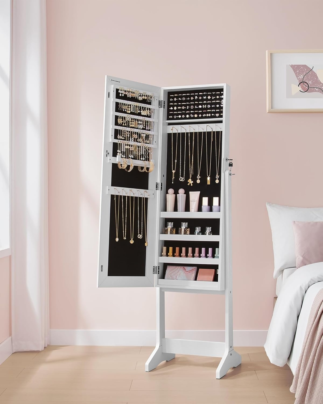 SONGMICS Oglinda de podea cu suport, din MDF, spatiu de depozitare, 41x37x152 cm, alb
