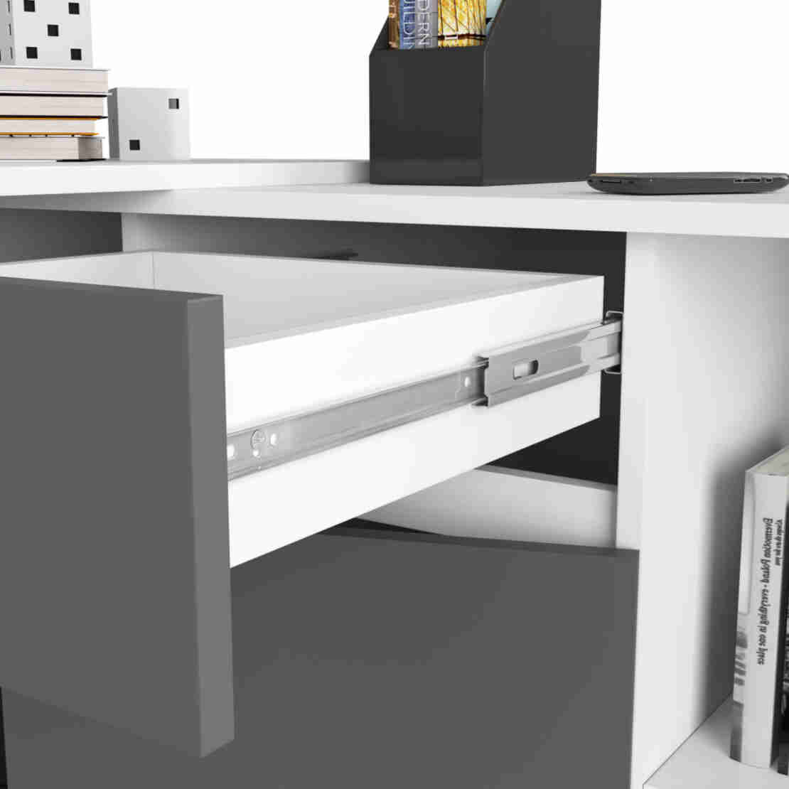 Birou de colt cu sertar, usa si 6 rafturi, PAL laminat 16 mm, 120x126x79 cm, alb si gri