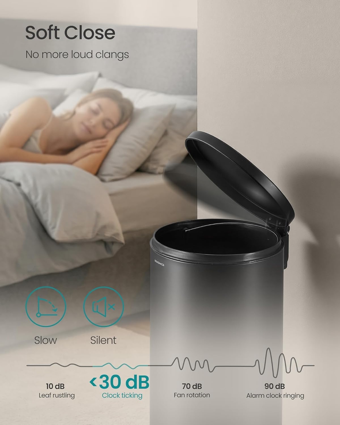 SONGMICS Cos de gunoi cu pedala, capac soft-close, galeata detasabila, otel, 30L, saci menajeri inclusi, negru