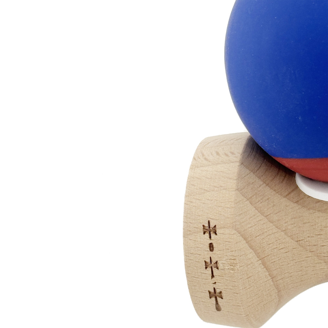 Kendama X Originala, Profesionala, Flippy, Rubber Grip, Cupe Mari KING SIZE V3, Gaura in Baza, Rulment Metalic, din lemn 18 cm, Ata 62/65 cm, Bicolor Albastru inchis/Rosu