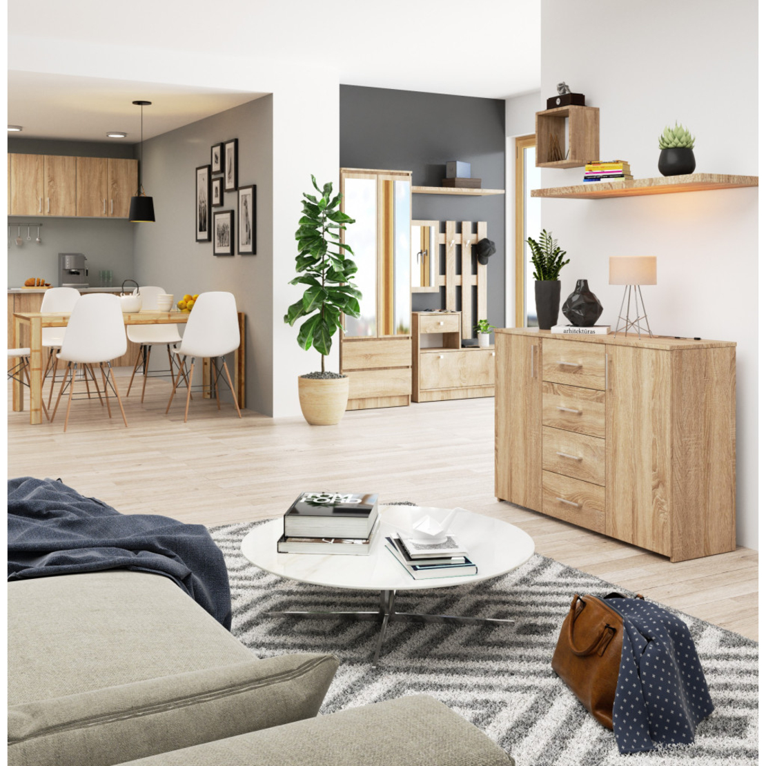 Comoda cu 4 sertare si 2 usi, PAL laminat, 110x35x80 cm, stejar sonoma