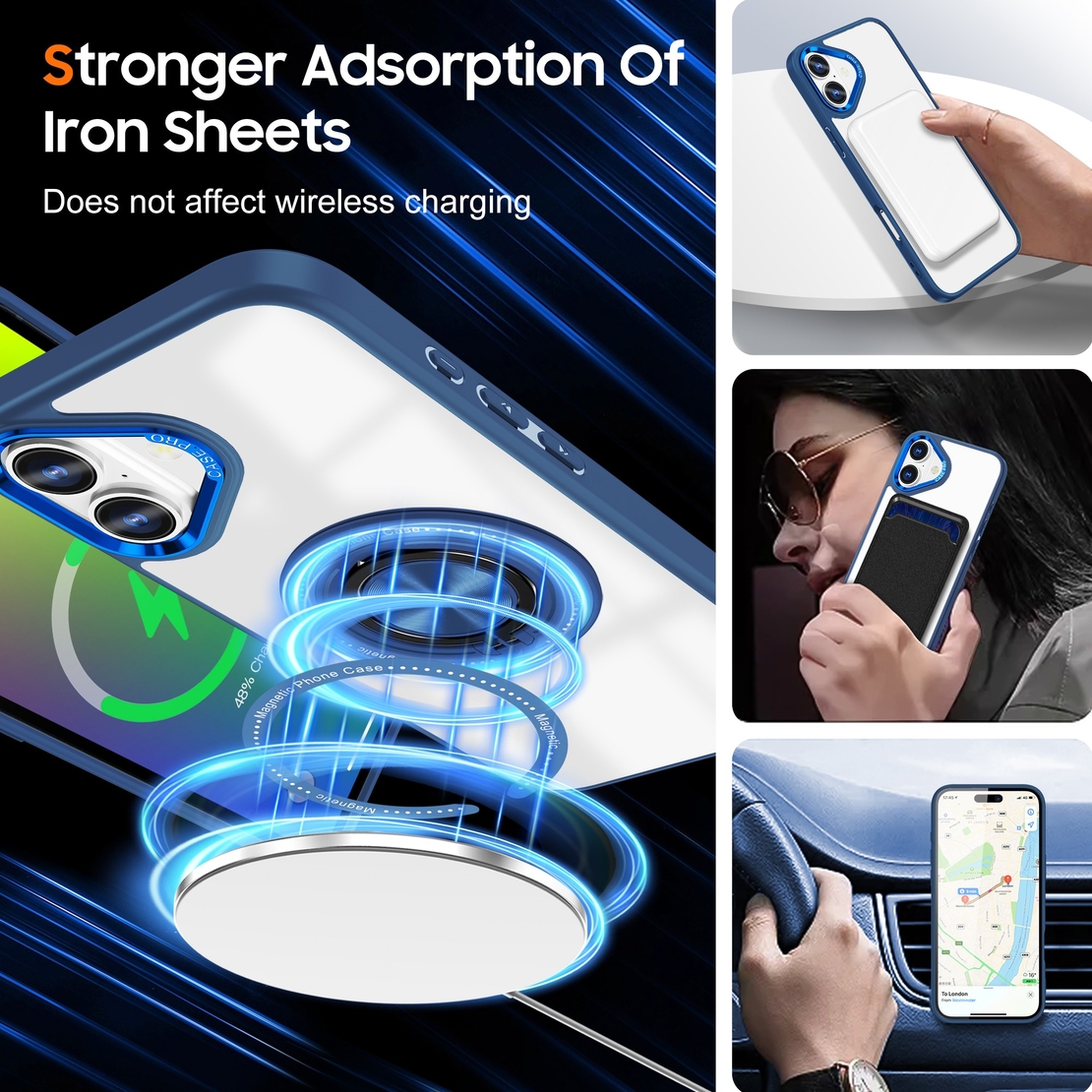 Husa de Protectie TPU, Vafy, pentru iPhone 16, cu Incarcare Wireless, Tehnologie Magsafe, Inel Magnetic Rotativ cu Functie de Suport, Transparent-Albastru Inchis