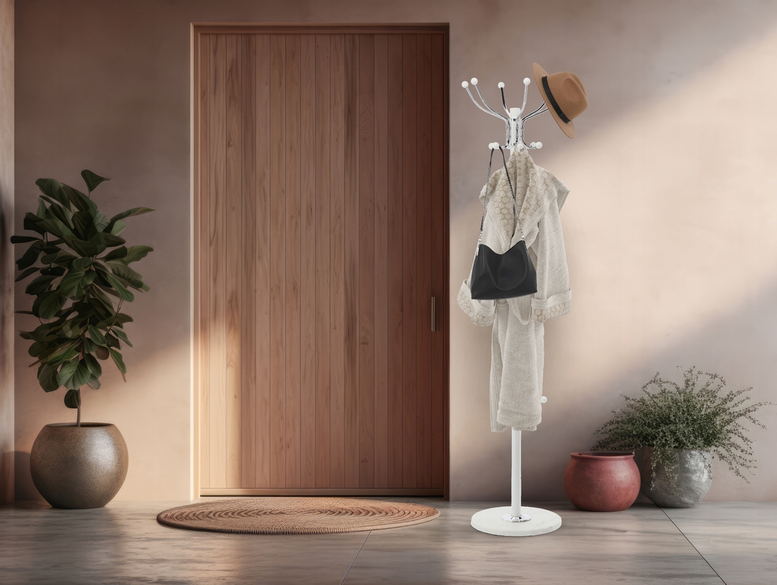 Cuier hol metalic 178 cm, 16 carlige, design minimalist, alb