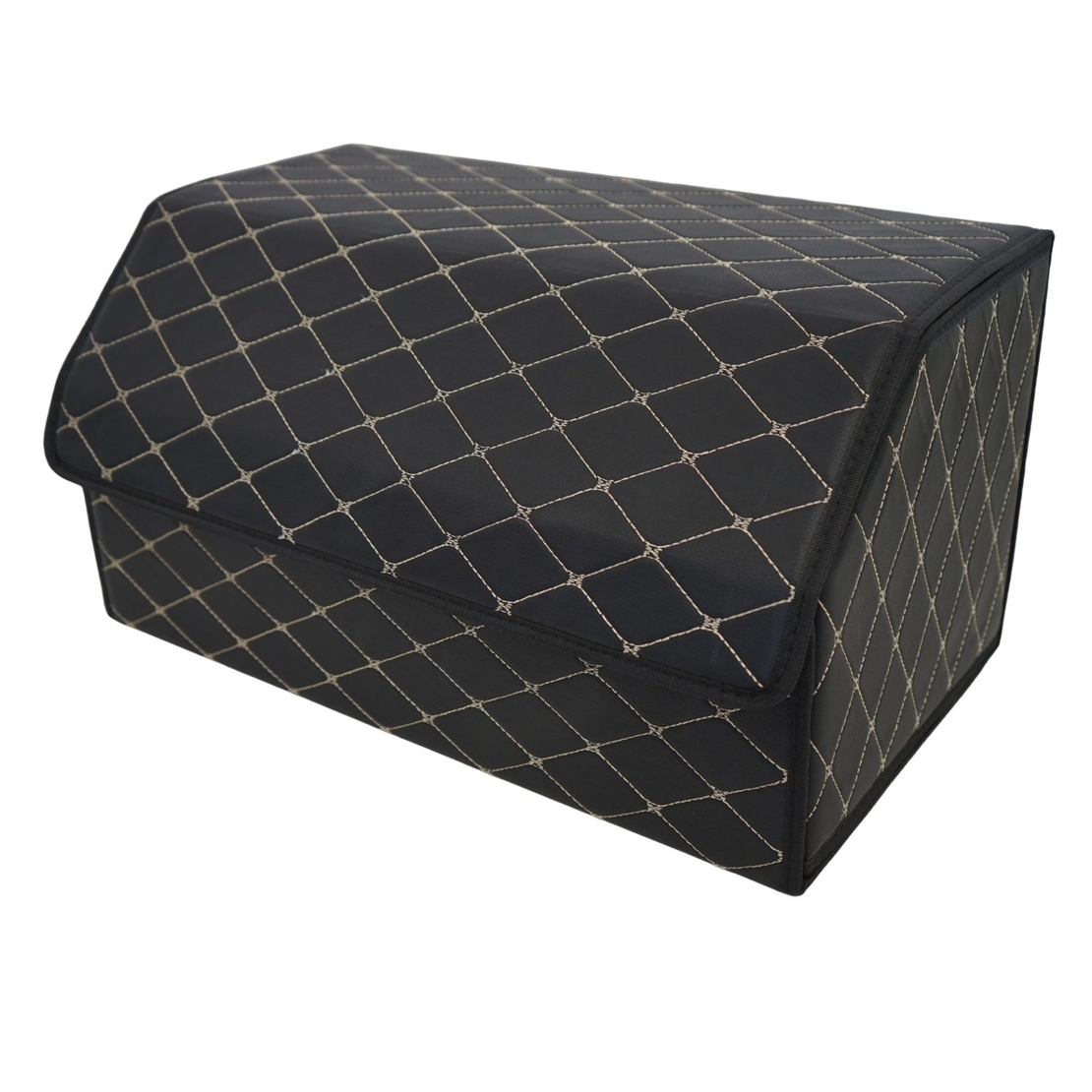 Cutie de Depozitare Auto, Flippy, Organizator Premium Portbagaj, Geanta Multifunctionala, Piele Ecologica, Pliabil si Rezistent la Uzura, 2 Compartimente Depozitare, Pliabil si Rezistent la Uzura, Negru/Alb, 55 x 30 x 30cm