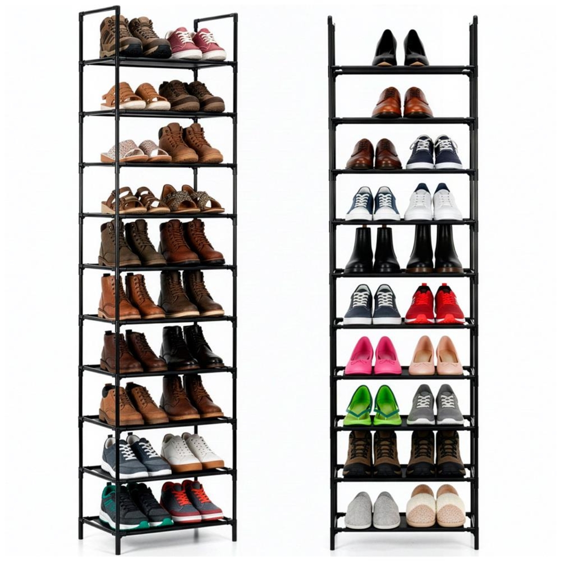 Raft pantofi inalt cu 10 polite, structura metalica si rafturi textile, 45x28x178 cm, negru