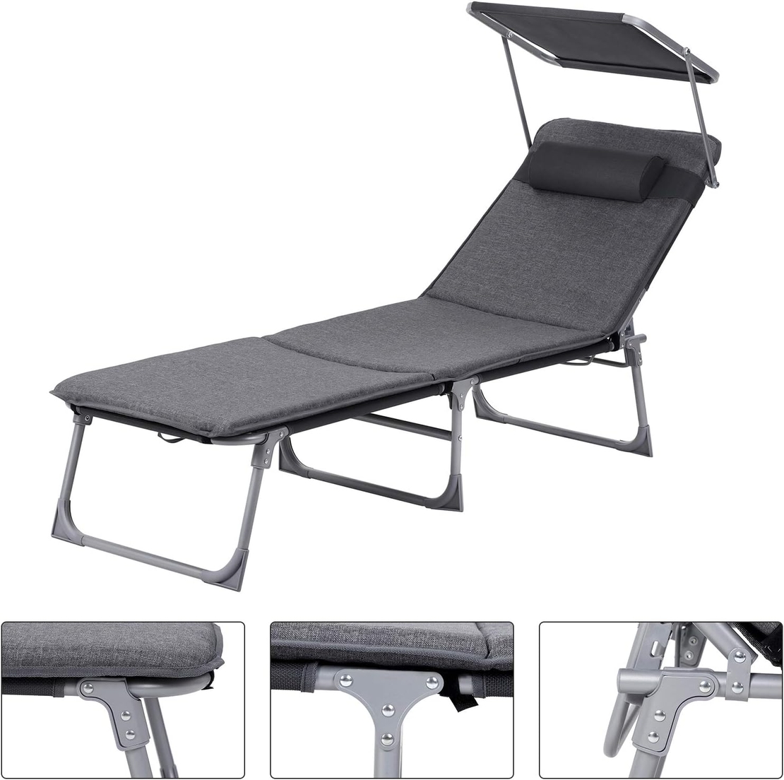 SONGMICS Sezlong pliabil, cu saltea, parasolar si tetiera, spatar reglabil in 4 pozitii, maxim 150kg, 193x53x30 cm, gri