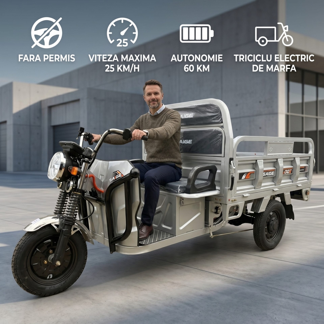Triciclu Electic de Marfa Chuanqi, Saige, Fara Permis, Motor 1600W, Baterie 72V32Ah, Autonomie 60km, 250x88x115 cm, Viteza Maxima 25km/h, Gri