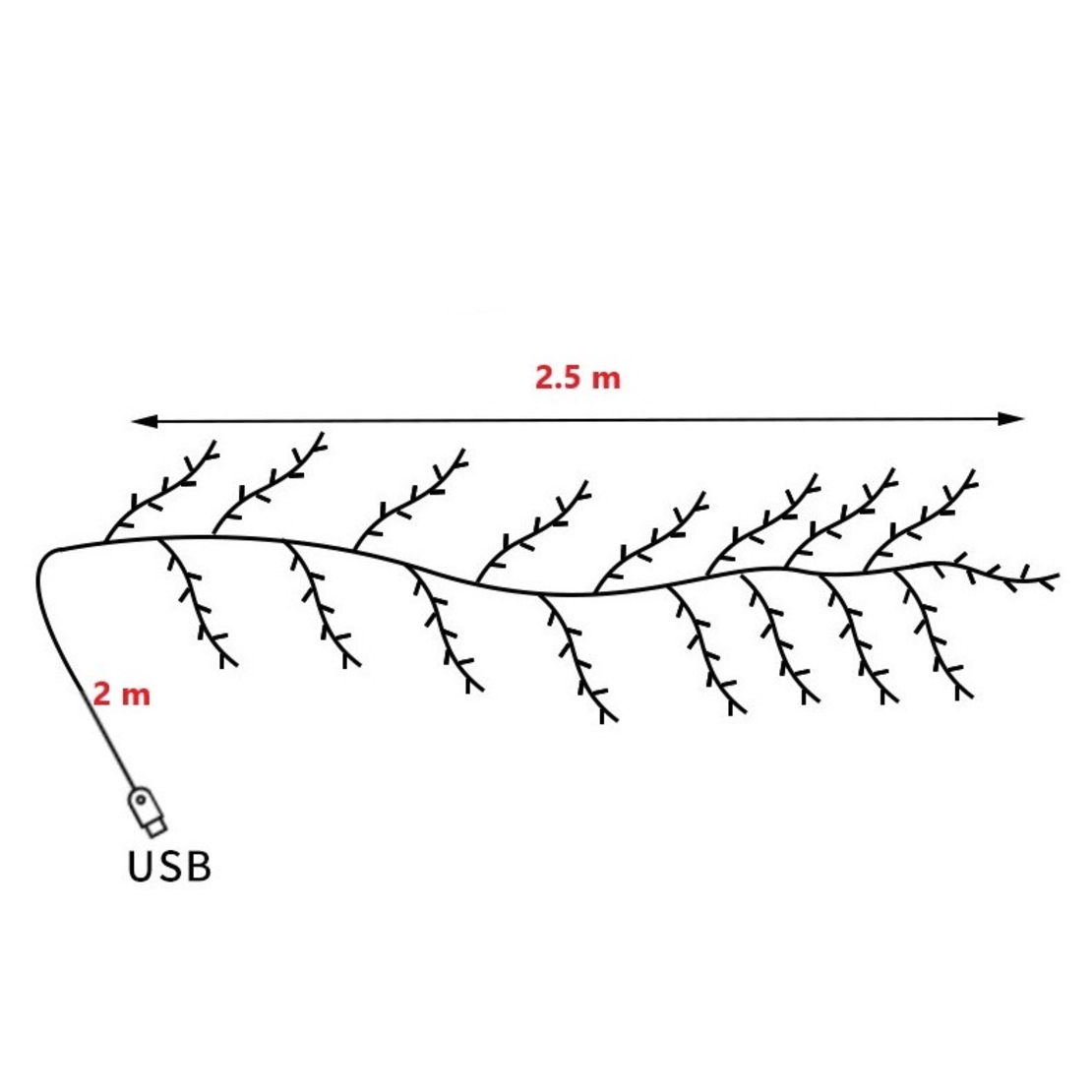 Instalatie Craciun tip Creanga Vafy, 144 LED-uri, Conectare USB, 8 Jocuri de Lumini, Telecomanda, 2.5 m, Prelungitor 2 m, 3V, Fir Negru, Alb Cald