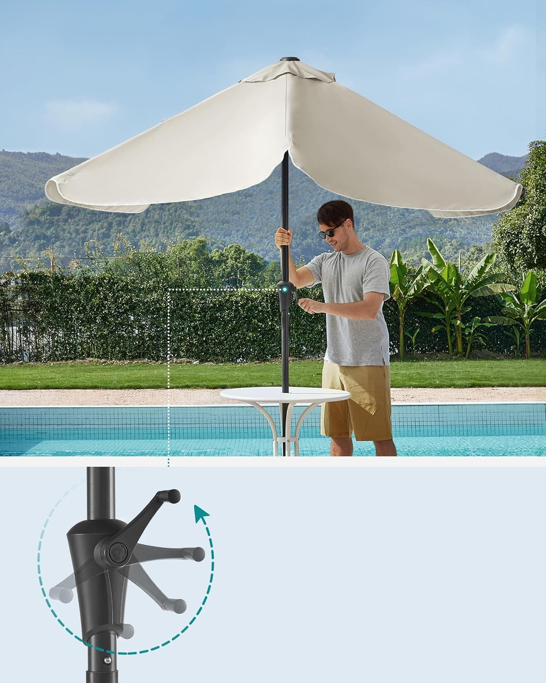 SONGMICS Umbrela de gradina cu manivela, UPF 50+, inclinare 30°, structura metalica, 300x200 cm, bej