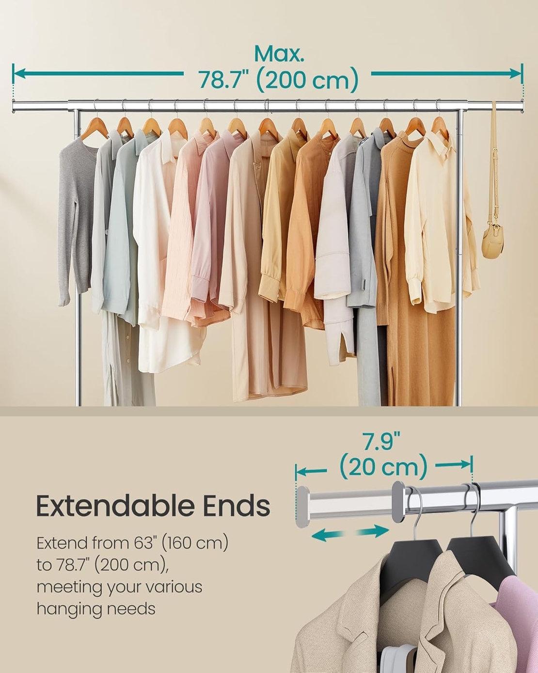 SONGMICS Suport haine cu roti, bara extensibila pentru umerase, structura metalica sarcina mare, 45x160-200x163 cm, argintiu
