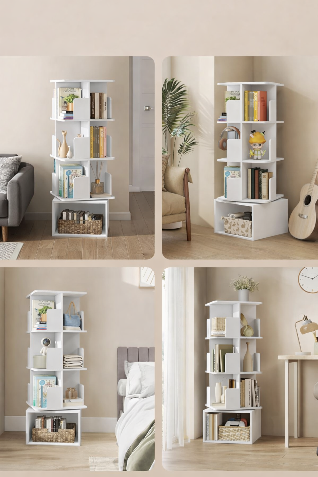 VASAGLE Biblioteca rotativa, MDF, cu 4 niveluri si compartimente deschise, montaj pe podea, 40x40x125 cm, alb