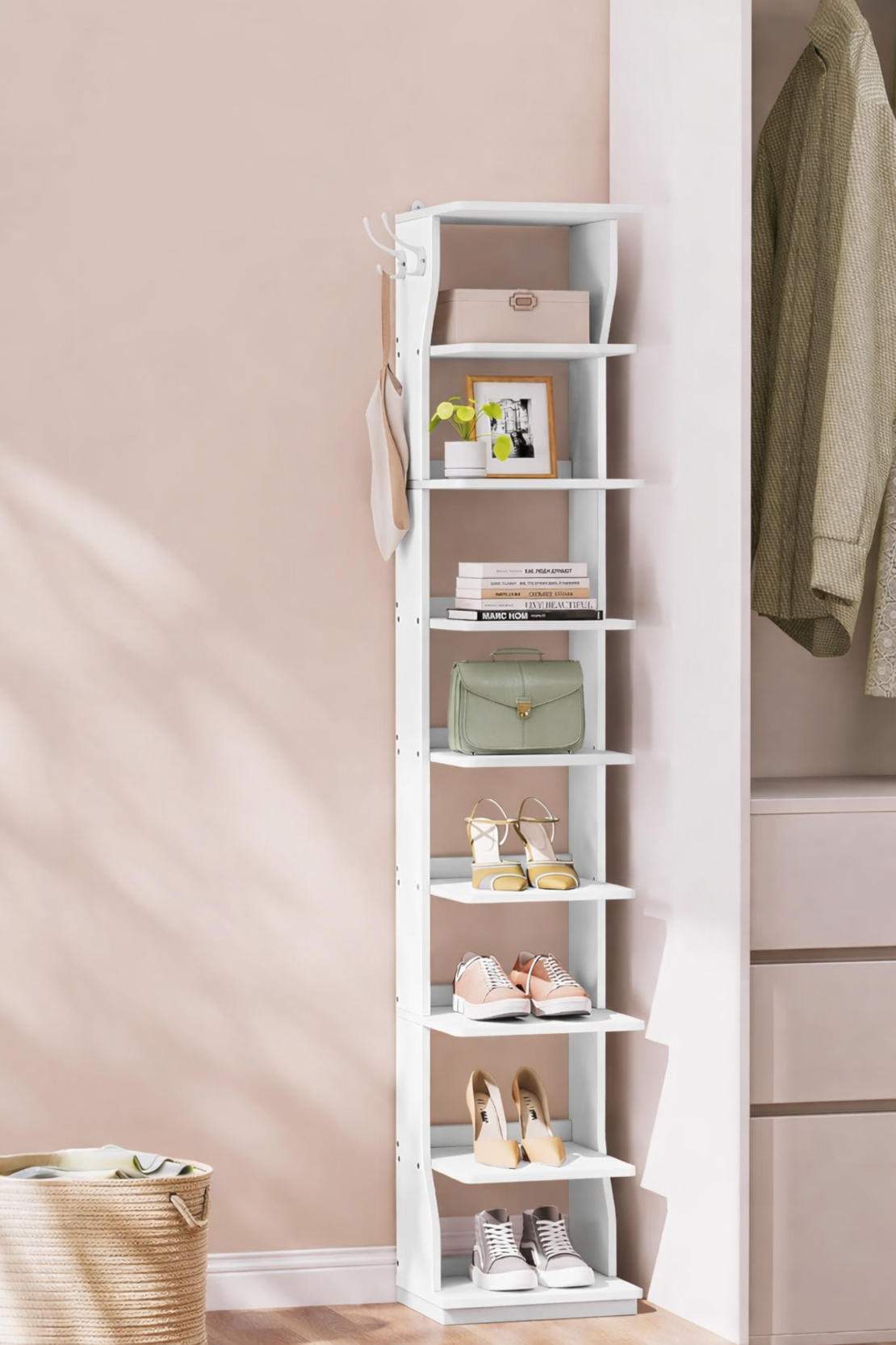 VASAGLE Raft pantofi pentru spatii inguste, 9 niveluri, cu carlige laterale, montaj pe podea, 26x30x147 cm, alb