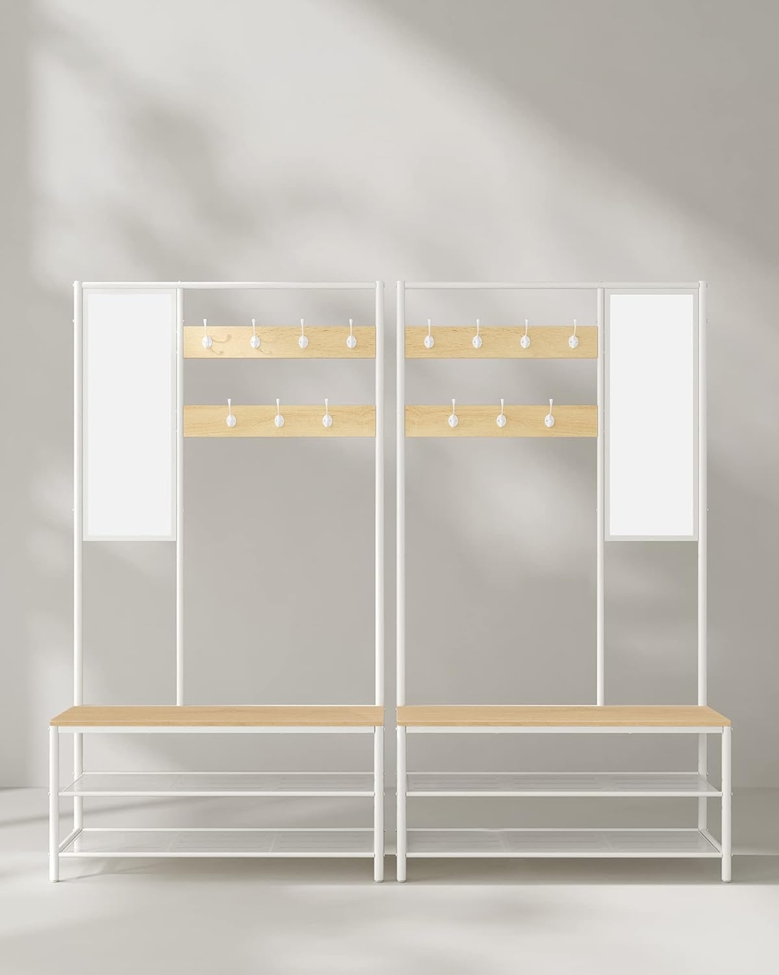 VASAGLE Cuier cu rafturi depozitare pantofi si ​​oglinda, industrial, 35x98x180 cm, maro stejar si alb