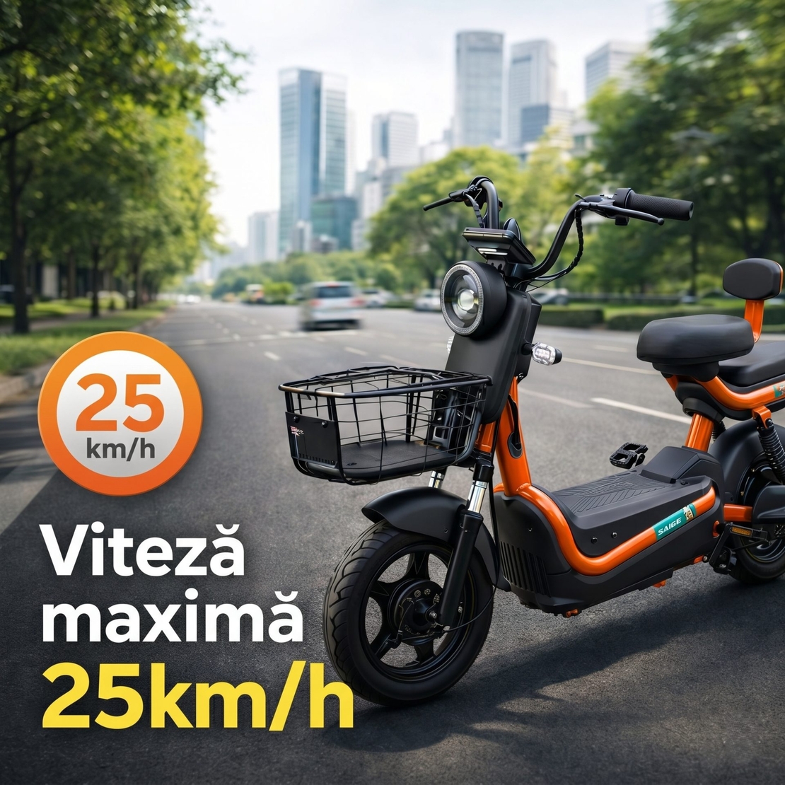 Scuter Electric KG, Saige, Fara Permis, Motor 500W, Baterie 48V20Ah, Autonomie 60km, 153x40x85 cm, Viteza Maxima 25km/h, Portocaliu