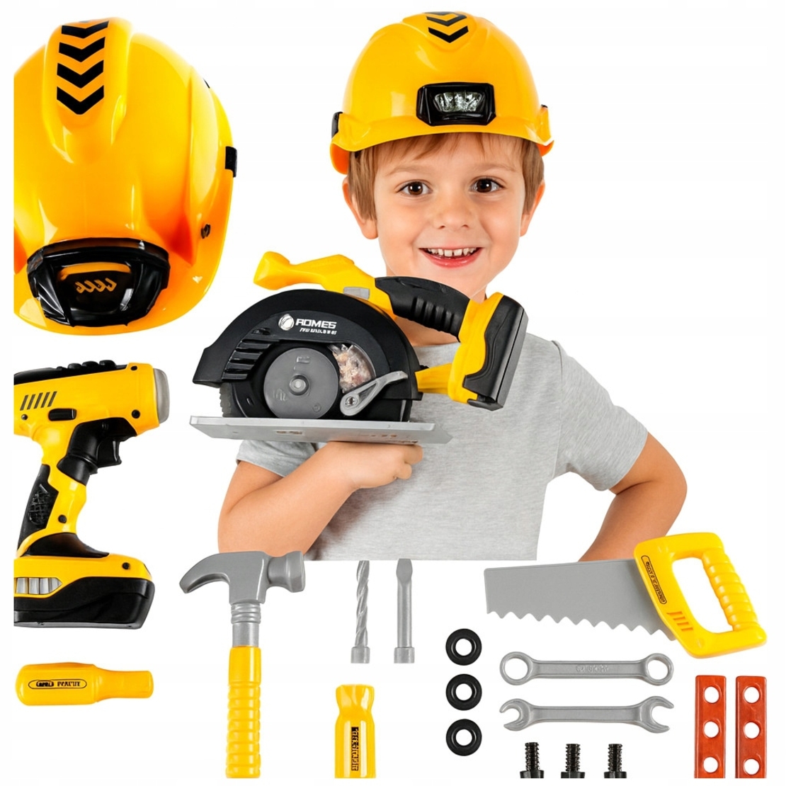 Set unelte pentru copii cu bormasina, fierastrau, casca luminata si vesta de constructor, 29x27x21 cm