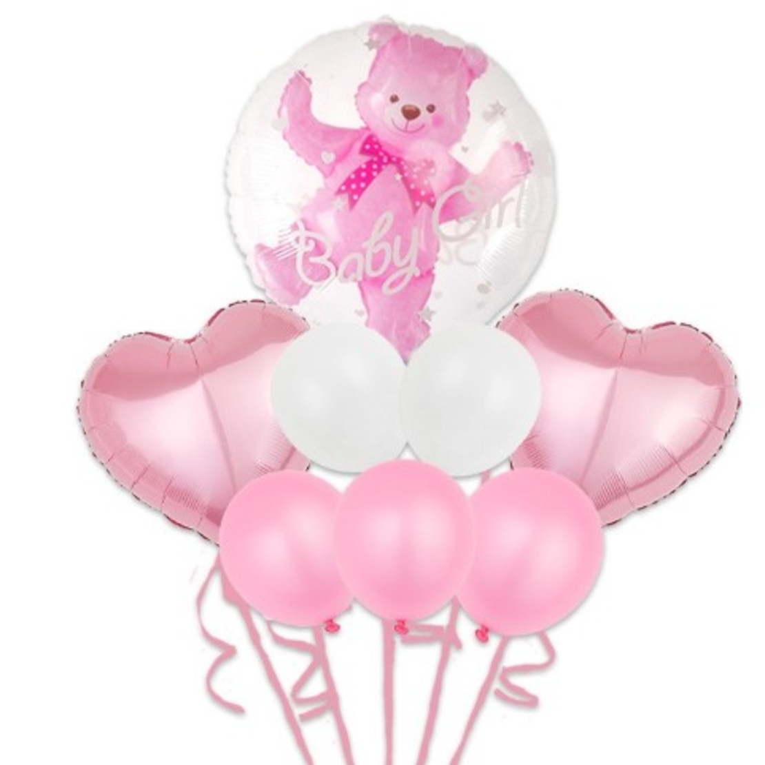Set Baloane Aniversare, Vafy, set din 8 bucati, 1 bucata urs, 2 inimi folie,5 simple din latex Baby Girl, 60 cm Roz